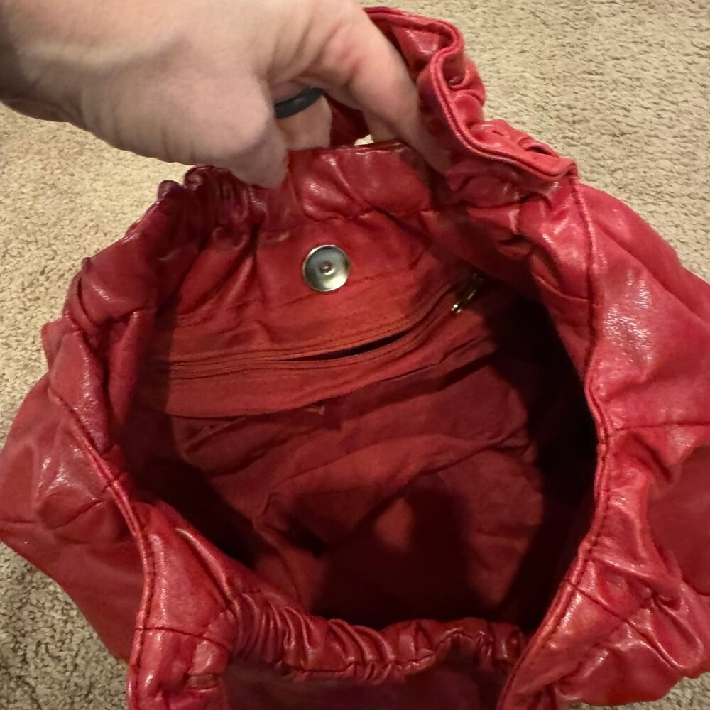 Small Dark Red Ruched Handbag Purse, over the shoulder - Picture 3 of 5